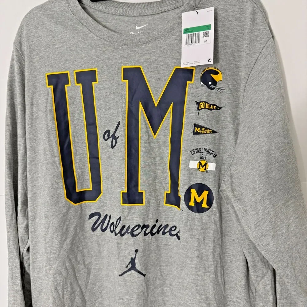 Michigan Wolverines Nike Shirt XL Gray Long Sleeve Jordan Logo NWT